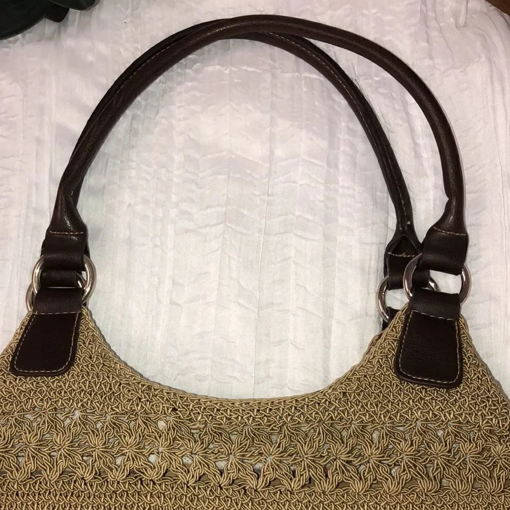 Macrame Crochet Faux Leather Combo Tan Brown Satchel